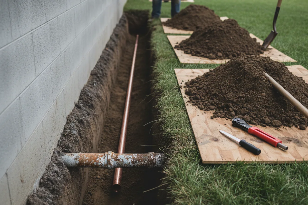 Excavated water line trench during Water Softener Installation in Seneca